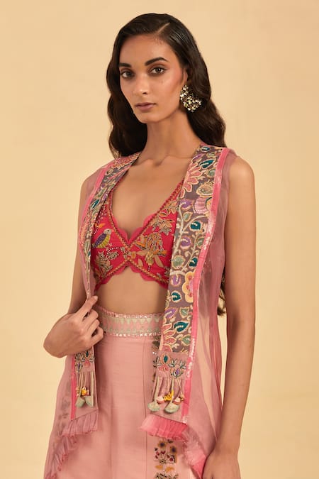 Shop Aum By Asit And Ashima Pink Silk Embroidery V-neck Sheer Placement Cape Sharara Set Online at Aza Fashions Shop_Aum By Asit And Ashima_Pink Silk Embroidery V-neck Sheer Placement Cape Sharara Set _Online_at_Aza_Fashions