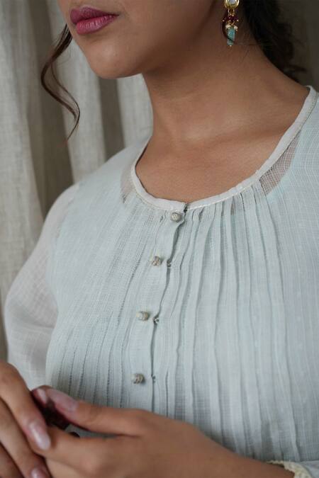 Shop Kanika Sharma Sky Blue Kota Doria, Cotton, Denim Pearls, Embroidery Round Kurta And Palazzo Set Online at Aza Fashions Shop_Kanika Sharma_Sky Blue Kota Doria, Cotton, Denim Pearls, Embroidery Round Kurta And Palazzo Set _Online_at_Aza_Fashions