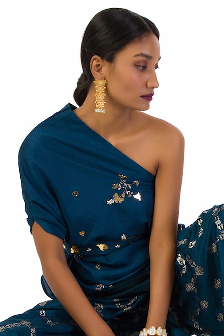Shop Meghna Shah Blue Denim, Silk Beads, Stones One Shoulder Hand Embroidered Top And Pant Set Online at Aza Fashions Shop_Meghna Shah_Blue Denim, Silk Beads, Stones One Shoulder Hand Embroidered Top And Pant Set _Online_at_Aza_Fashions