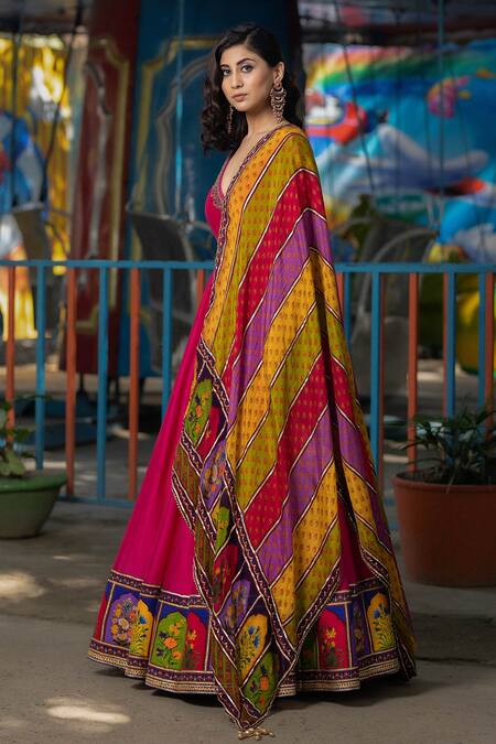 Shop Irrau By Samir Mantri Pink Chanderi, Chiffon Embroidery, Sequins, Cut Anarkali With Printed Dupatta Online at Aza Fashions Shop_Irrau By Samir Mantri_Pink Chanderi, Chiffon Embroidery, Sequins, Cut Anarkali With Printed Dupatta _Online_at_Aza_Fashions