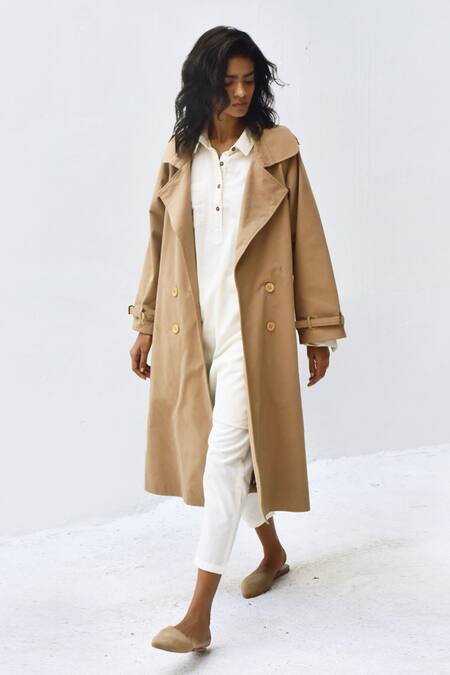 Shop Kharakapas Brown Twill Collared Latte Trench Coat Online at Aza Fashions Shop_Kharakapas_Brown Twill Collared Latte Trench Coat _Online_at_Aza_Fashions