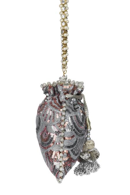 Shop_Miar Designs_Grey Sequins Gazal Hand Embroidered Potli Bag_Online_at_Aza_Fashions