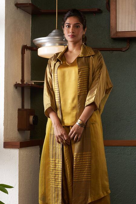 Bodhi Tree_Yellow Viscose, Cotton, Silk, Handloom Cotton, Flared Jacket And Draped Pant Set _Online_at_Aza_Fashions