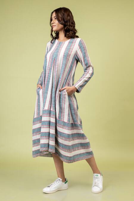 Shop_Doodlage_Multi Color Cotton Round Neck Jill Striped And Flared Dress_Online_at_Aza_Fashions