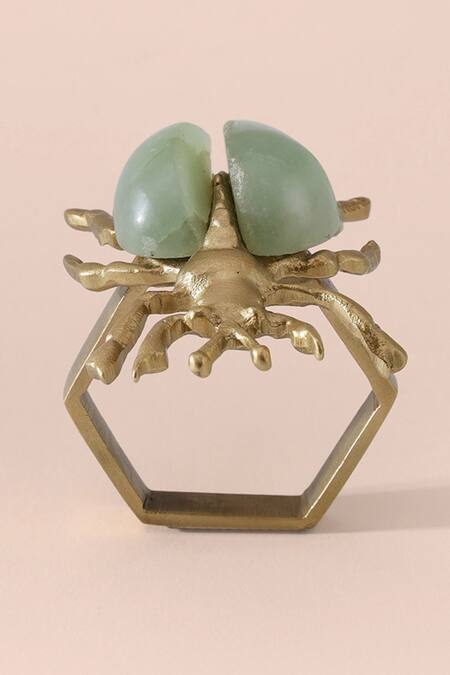 Shop_Table Manners_Brown Brass Jade Stone Embellished Cicada Napkin Rings 4 Pcs Set_Online_at_Aza_Fashions