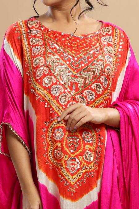 Shop_Etasha by Asha Jain_Fuchsia Gabardine, Satin Embroidery, Zari Round Neck Draped Kaftan And Pant Set _Online_at_Aza_Fashions