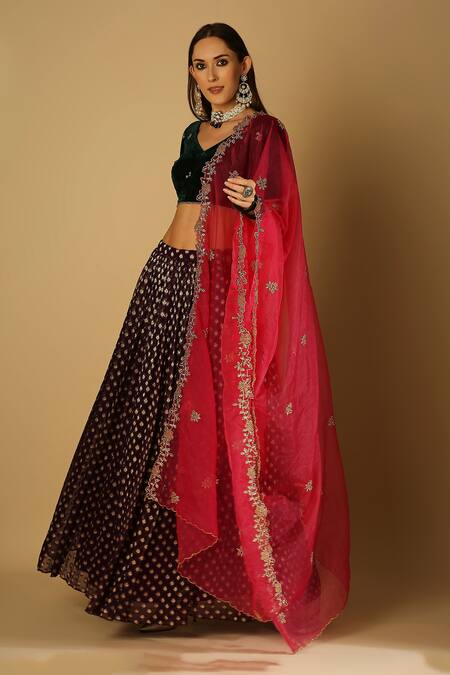 Buy Monk & Mei By Sonia Anand Purple Organza, Velvet, Brocade Embroidery Roza Floral Woven Lehenga Blouse Set Online at Aza Fashions Buy_Monk & Mei By Sonia Anand_Purple Organza, Velvet, Brocade Embroidery Roza Floral Woven Lehenga Blouse Set _Online_at_Aza_Fashions