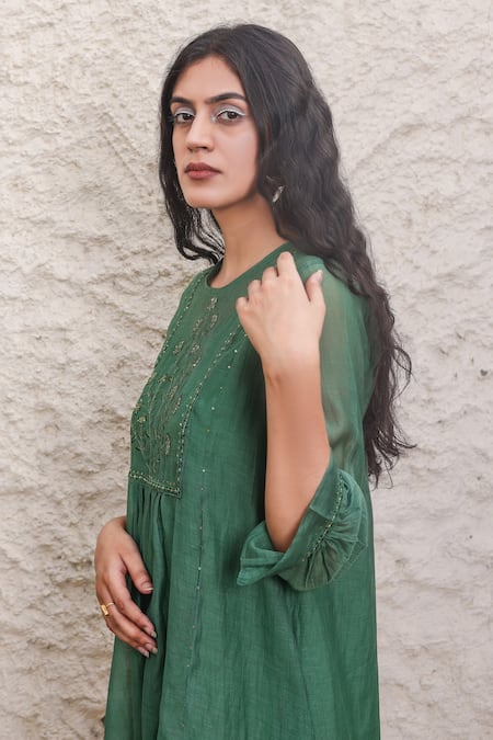 Shop_Tatwa_Green Chanderi, Viscose Embroidery Round Neck Handloom Dress _Online_at_Aza_Fashions