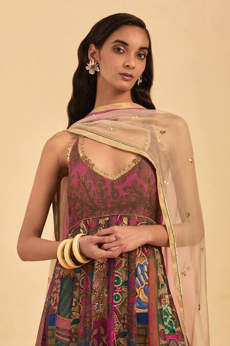 Shop_Aum By Asit And Ashima_Multi Color Organza Embroidery, Peacock And Flower Print Anarkali With Dupatta _Online_at_Aza_Fashions