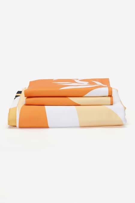 Shop_Kyoona_Yellow 100% Cotton Printed The Bird Storks Journey Bedsheet Set_Online_at_Aza_Fashions