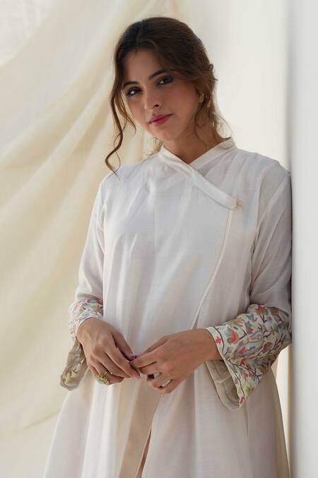 Shop Kanika Sharma White Chanderi, Cotton, Muslin Embroidery Bandeau Neck Angarkha And Palazzo Set Online at Aza Fashions Shop_Kanika Sharma_White Chanderi, Cotton, Muslin Embroidery Bandeau Neck Angarkha And Palazzo Set _Online_at_Aza_Fashions