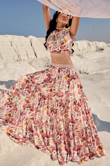 Shop_Nikita Vishakha_Purple Georgette, Modal, Mohair Embroidery Split Floral Print Tiered Lehenga Set _Online_at_Aza_Fashions