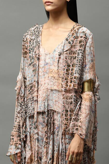 AK-OK Multi Color Chiffon V-neck Abstract Print Layered Top And Skirt Set at Aza Fashions AK-OK_Multi Color Chiffon V-neck Abstract Print Layered Top And Skirt Set _at_Aza_Fashions