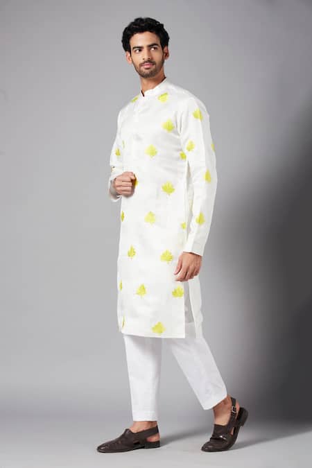 Buy_Hilo Design_White Cotton, Lycra, Linen, Satin Embroidery Mogra Kurta Set _Online_at_Aza_Fashions