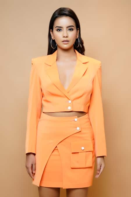 Shop_Ahi Clothing_Orange Imported Luxury Crepe Plain Notched Lapel Short Coat And Overlap Skirt Set_Online_at_Aza_Fashions