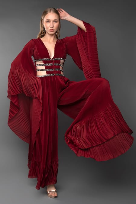 Shop_Anjum Qureshi_Maroon Pleated Embroidery Cutdana Plunge V Neck Waterfall Sleeve Jumpsuit _Online_at_Aza_Fashions