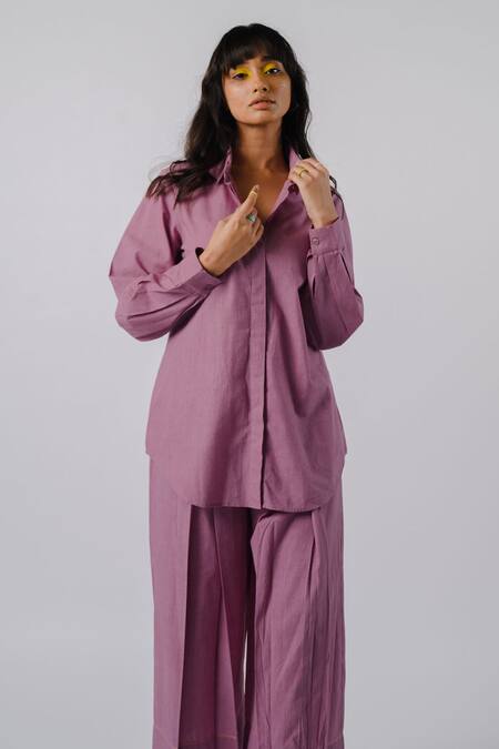 Buy Tussah By Siddhi Shah Purple Cotton Collared Solid Shirt And Pant Set Online at Aza Fashions Buy_Tussah By Siddhi Shah_Purple Cotton Collared Solid Shirt And Pant Set _Online_at_Aza_Fashions