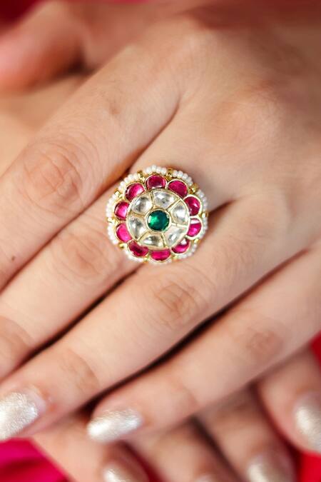 Shop Ishhaara Red Patchwork, Diamonds Ruby Embellished Ring Online at Aza Fashions Shop_Ishhaara_Red Patchwork, Diamonds Ruby Embellished Ring _Online_at_Aza_Fashions