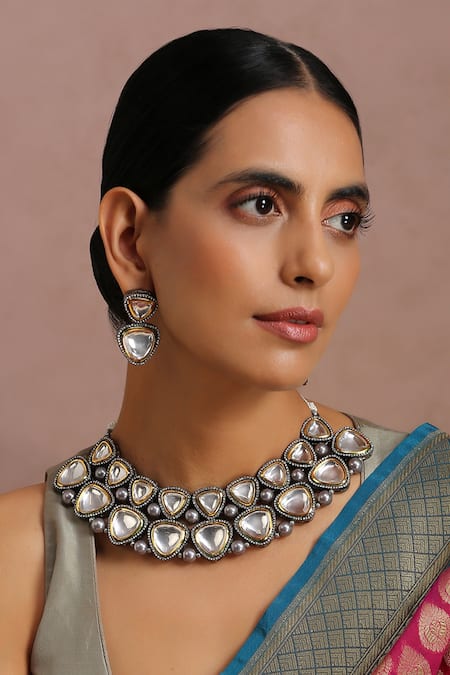 Swabhimann_Grey Diamonds, Stones Polki Embellished Necklace Set _Online_at_Aza_Fashions