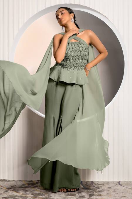 Shop_Jade By Ashima_Green Georgette Embroidery, Beads Bodice Draped Peplum Top And Flared Pant Set _Online_at_Aza_Fashions
