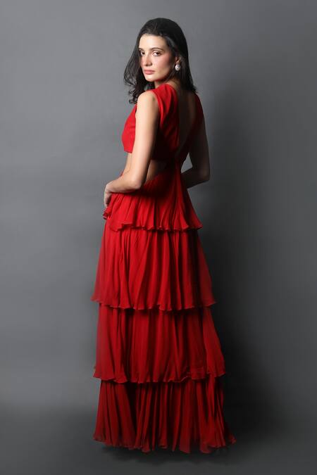 Shop_Swatee Singh_Red Georgette V-neck Solid Ruffle Tiered Dress _Online_at_Aza_Fashions