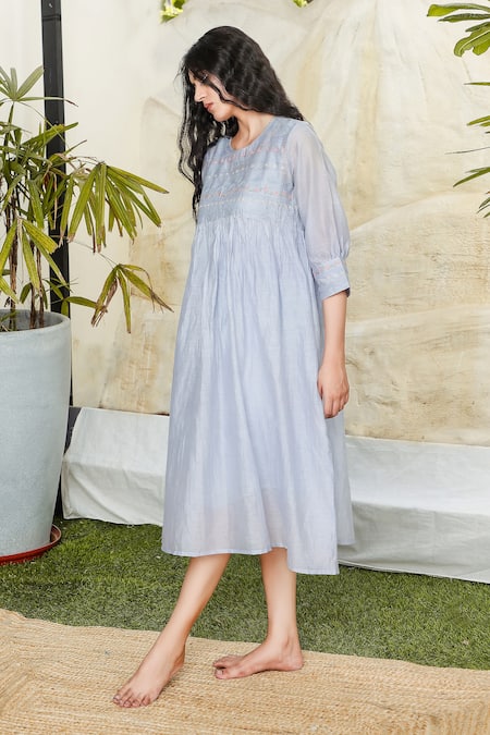 Buy_Tatwa_Blue Handloom Cotton, Viscose Embroidery Round Neck Chanderi Resham Dress _Online_at_Aza_Fashions