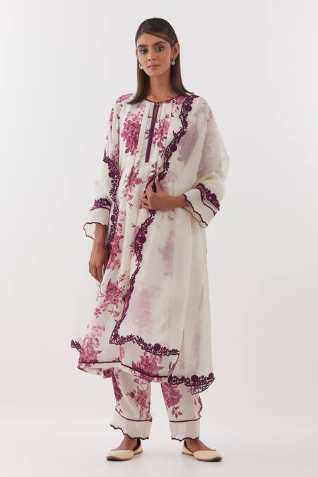 Shop Amisha Kothari Ivory Cotton, Organza, Piping, Nishat Printed Floral Kurta Set Online at Aza Fashions Shop_Amisha Kothari_Ivory Cotton, Organza, Piping, Nishat Printed Floral Kurta Set _Online_at_Aza_Fashions