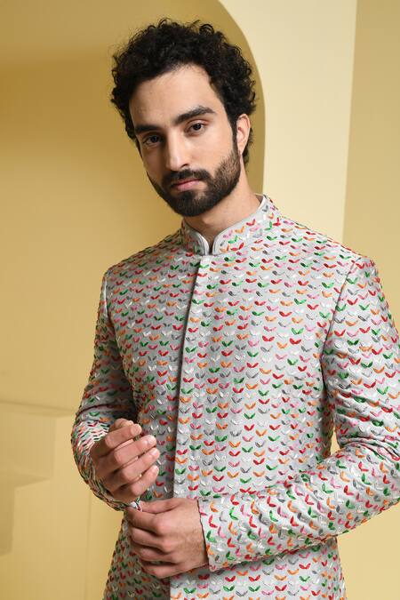Shop_Kustomeyes_Silver Cotton Silk Embroidered Floral Thread Sherwani Set _Online_at_Aza_Fashions