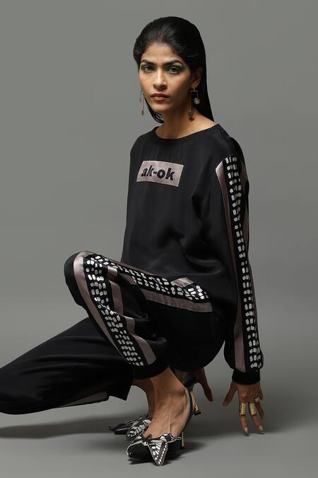 AK-OK_Black Boat Neck Abstract Pattern Sweatshirt And Joggers Set _at_Aza_Fashions