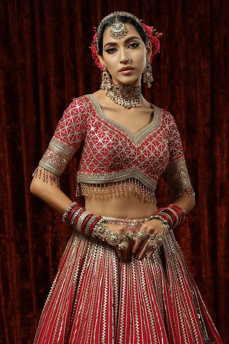 Buy Shikhar Sharma Red Silk, Georgette, Chanderi Embroidery, Tassels, Musk Rose Bridal Lehenga Set Online at Aza Fashions Buy_Shikhar Sharma_Red Silk, Georgette, Chanderi Embroidery, Tassels, Musk Rose Bridal Lehenga Set _Online_at_Aza_Fashions