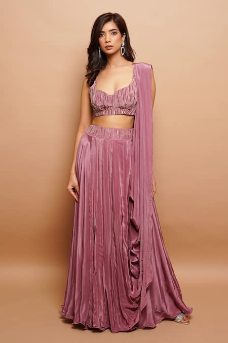 Shop_Ahi Clothing_Pink Crepe Sequins, Cut Work, Zari Sweetheart Embroidered Bustier And Lehenga Set _Online_at_Aza_Fashions