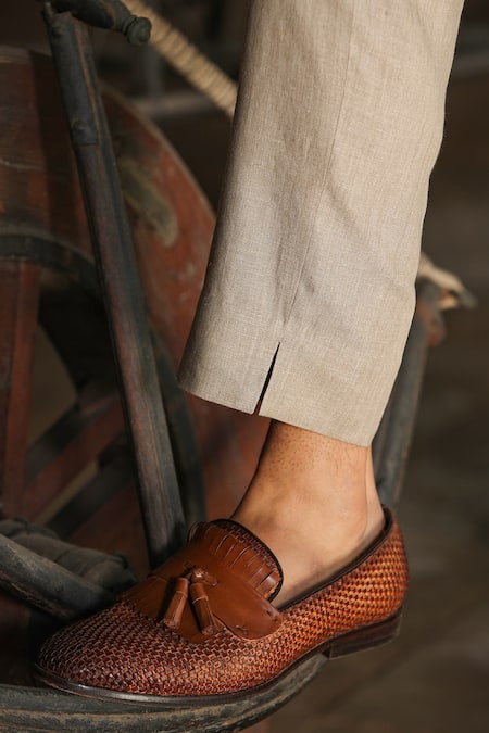 Shop_Raw & Rustic By Niti Bothra_Beige Linen Buttoned Hem Handcrafted Straight Pant _Online_at_Aza_Fashions