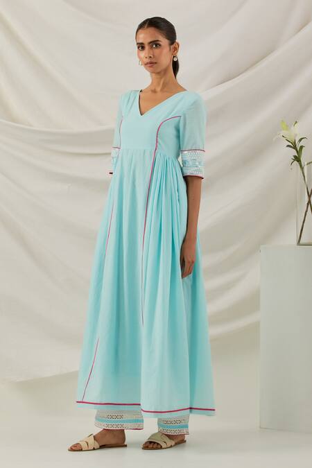 Shop_The Indian Cause_Blue Cotton Embroidery V-neck Fit And Flare Anarkali With Palazzo_Online_at_Aza_Fashions