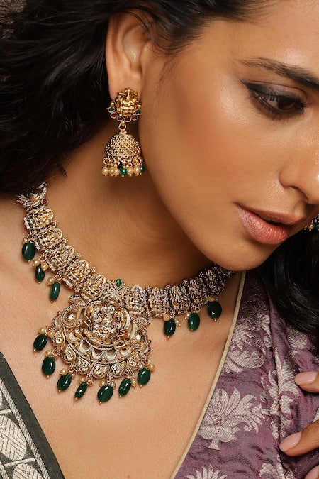 Buy_Swabhimann_Green Stones Emerald Temple Necklace Set _Online_at_Aza_Fashions