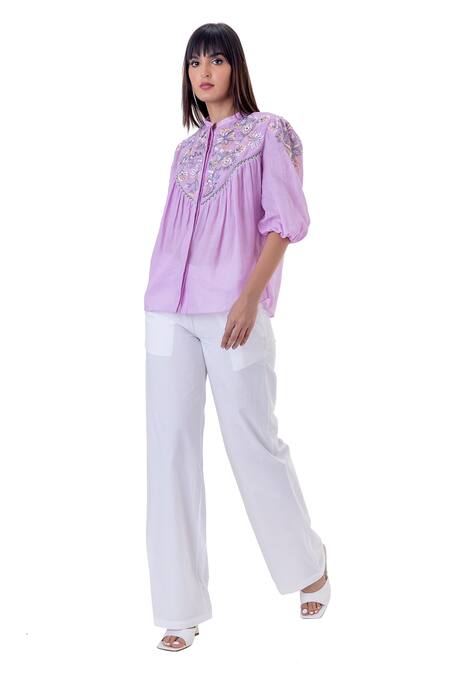 Shop_Gaya_Purple Linen Embroidered Floral Mandarin Collar Yoke Shirt _Online_at_Aza_Fashions