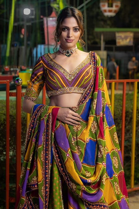 Shop_Irrau by Samir Mantri_Multi Color Organza, Denim Embroidery, Gota Patti Abstract Print Lehenga Set _Online_at_Aza_Fashions