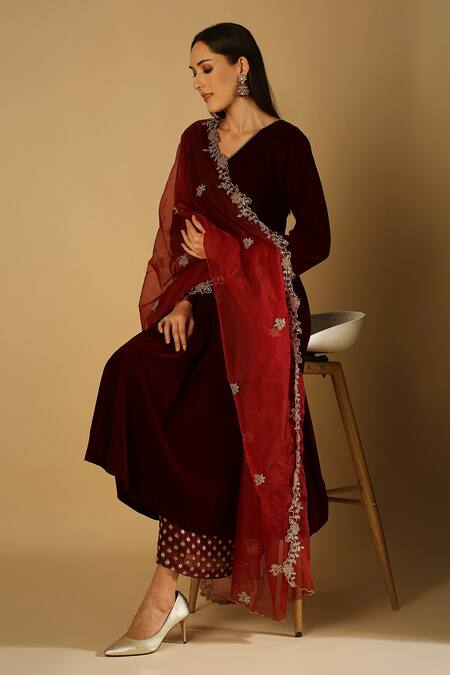 Buy_Monk & Mei By Sonia Anand_Maroon Velvet, Georgette, Organza Embroidery, Zareen A-line Kurta Palazzo Set _Online_at_Aza_Fashions