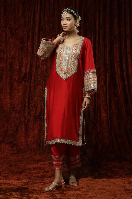 Shikhar Sharma Red Silk, Georgette, Chanderi Pearls, Gota Patti, Embroidered Kurta Pant Set at Aza Fashions Shikhar Sharma_Red Silk, Georgette, Chanderi Pearls, Gota Patti, Embroidered Kurta Pant Set _at_Aza_Fashions