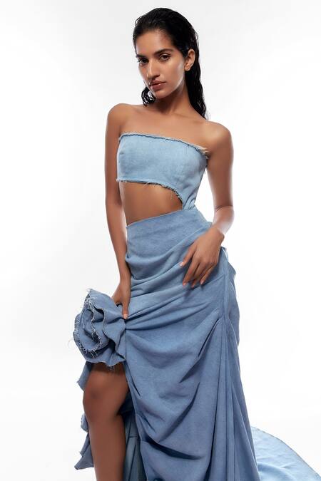 Shop_Deme By Gabriella_Blue Denim Square Neck Tube Gown _Online_at_Aza_Fashions