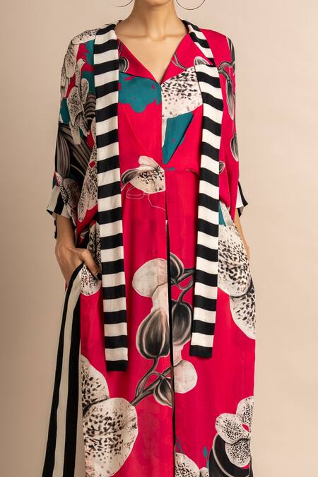 Nupur Kanoi_Magenta Crepe Digital Print Striped And Floral Notched Top & Pyjama Set  _Online_at_Aza_Fashions