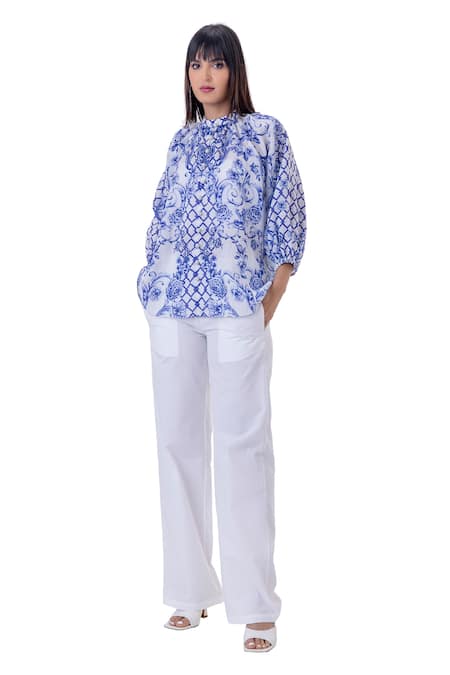 Shop_Gaya_White Ramie Linen Printed Baroque High Neck Viole Top _Online_at_Aza_Fashions