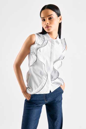 Shop_Mellowdrama_White Cotton Frilled Shirt_Online_at_Aza_Fashions