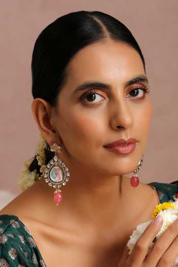 Swabhimann_Pink Diamonds, Beads Pearl Shaped Danglers _Online_at_Aza_Fashions