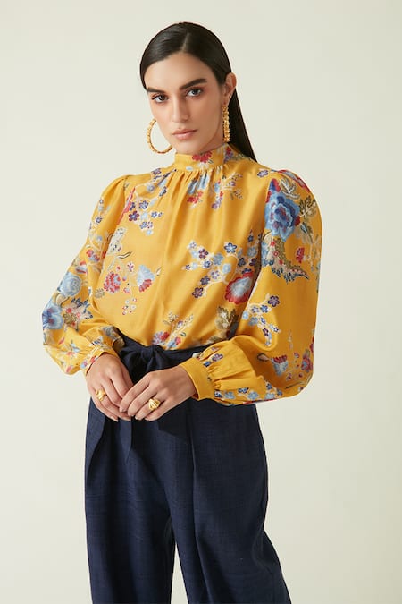 Shop_Payal Pratap_Yellow Cotton Embroidery High Neck Saigong Printed Top _Online_at_Aza_Fashions