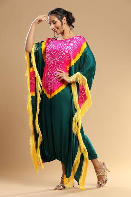 Shop_Etasha By Asha Jain_Yellow Gabardine Tassels Round Neck Thread Bandhani Pattern Kaftan _Online_at_Aza_Fashions