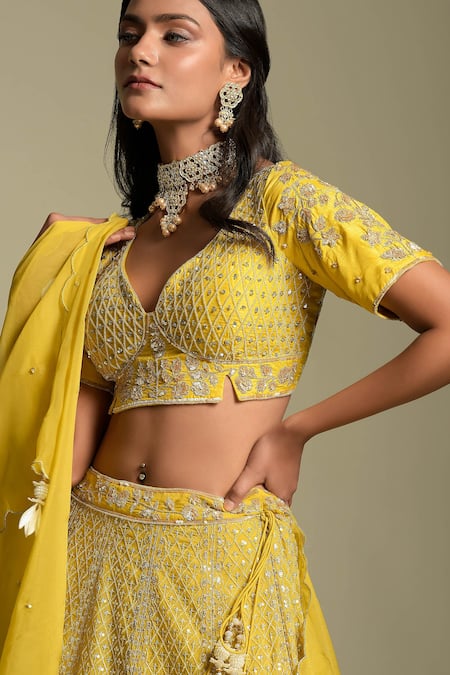 Shop Two Sisters By Gyans Yellow Organza Aari Embroidered Lehenga Set Online at Aza Fashions Shop_Two Sisters By Gyans_Yellow Organza Aari Embroidered Lehenga Set_Online_at_Aza_Fashions