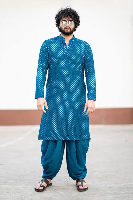 Shop_Hilo Design_Blue Georgette Embroidery Mirror Teal Kurta For Kids_Online_at_Aza_Fashions