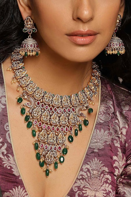 Buy_Swabhimann_Green Stones Gold Embellished Temple Necklace Set _Online_at_Aza_Fashions