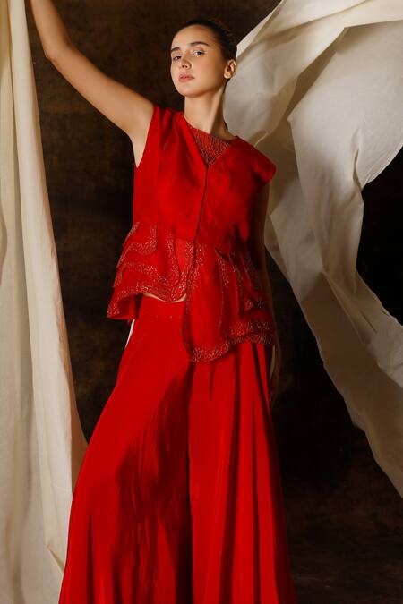 Shop_Eclat By Prerika Jalan_Red Organza, Crepe, Muslin Cut Work Round Neck Embroidered Jacket Pant Set _Online_at_Aza_Fashions