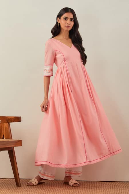 Shop_The Indian Cause_Peach Cotton Sequins, Embroidery, Lace V-neck V Anarkali Palazzo Set _Online_at_Aza_Fashions